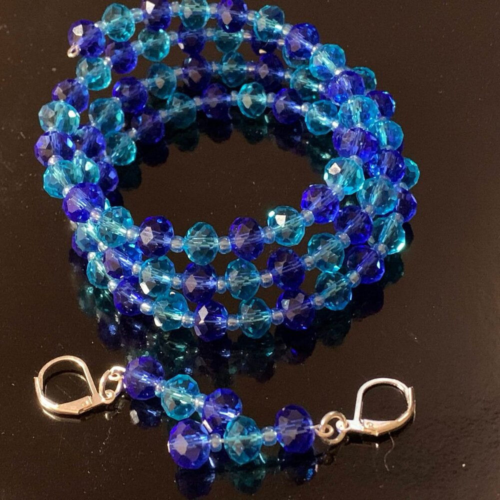 Lagoon Serenity glass beaded coil bracelet and earrings set